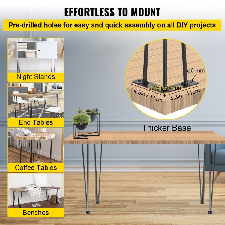Hairpin Table Legs 34" Black Set Of 4 Desk Legs 880Lbs Load Capacity Each 220Lbs Hairpin Desk Legs 3 Rods For Bench Desk Dining End Table Chairs Carbon Steel Diy Heavy Duty Furniture Legs
