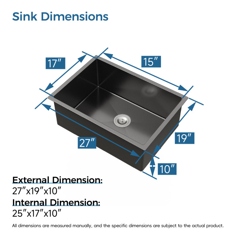 Stainless Steel Kitchen Sink, 27 X19 Single Bowl, Undermount Handmade Sink In Black, With Us Standard Drain And Hook