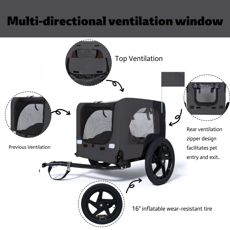 Outdoor Heavy Duty Collapsible Pet Bike Trailer With 16 Inch All Terrain Wheels & Universal Hitch Foldable Dog Cargo Carrier Cart For Bicycles, Black Dark Gray