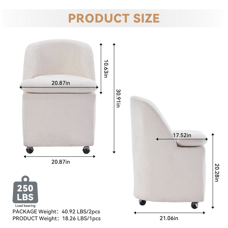 058 Set Of 2 Chenille Fabric Dining Chairs With Universal Wheels,Beige