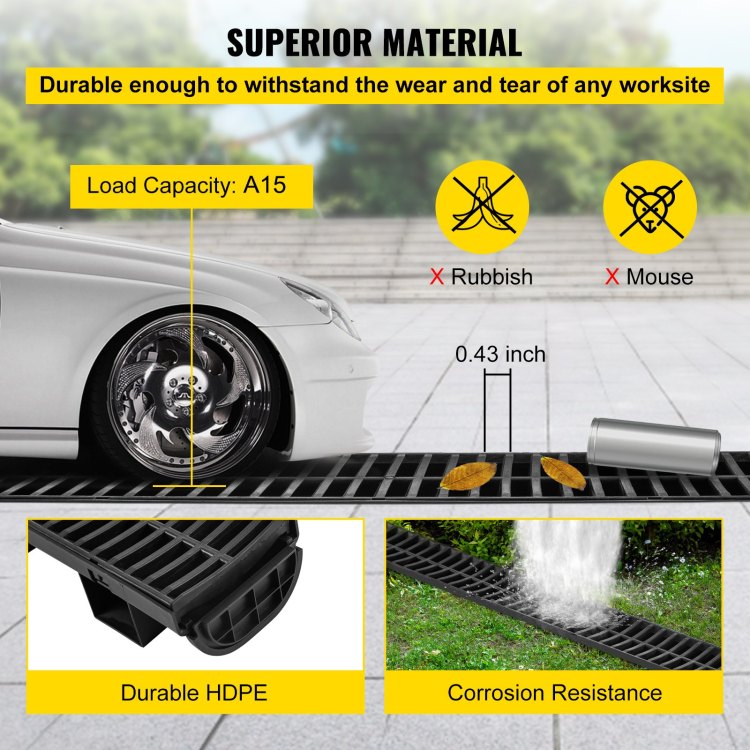 Trench Drain System, 5.7X3.1X39 Inch Hdpe Drainage Trench,Channel Drain With Plastic Grate, Black Plastic Garage Floor Drain, 3X39 Trench Drain Grate, For Garden, Driveway 3 Pack