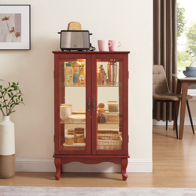 2 Doors Curio Cabinet With Tempered Glass Doors, Curio Cabinets With Mirrored Back Panel And Adjustable Shelves, Lighted Display Cabinet For Home, Office Light Bulb Included Cherry