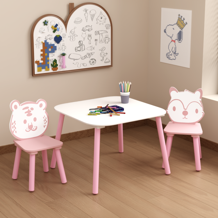 Kids Table And Chair Set, 3 Piece Wooden Toddler Desk With Animal Backrest, Activity Table For Drawing, Learning,Playroom Or Nursery Pink&White