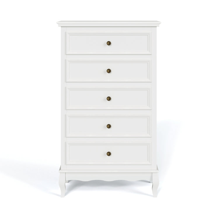 5 Drawer Dresser For Bedroom, Modern Storage Closet Cabinet Organizerwith Solid Wood Legs And Painted Finish White