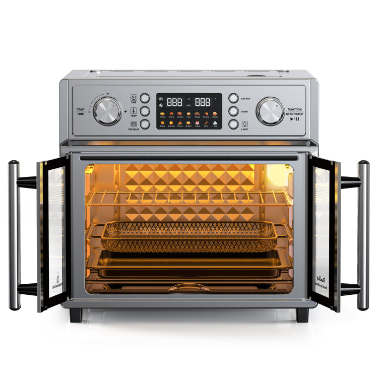 Plumchef 26Qt Large Capacity French Double Door Air Fryer Convection Toaster Oven, 1700W, 14 Preset Menus, 7 In 1 Multi Function Bake, Roast, Gril,Toast,Dehydrate&Defrost , Stainless Steel,Silvery