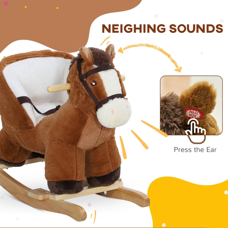 Qaba Baby Rocking Horse, Plush Animal Rocker With Sound, Wooden Base, & Safety Belt For Ages 18 36 Months, Brown