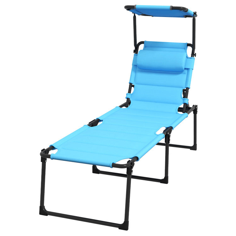 Outsunny Outdoor Lounge Chair, Adjustable Backrest Folding Chaise Lounge, Cushioned Tanning Chair W Sunshade Roof & Pillow Headrest For Beach, Camping, Hiking, Light Blue