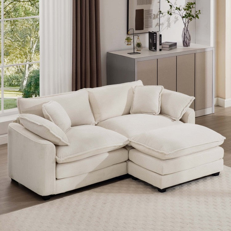 Corduroy Two Seater Sofa With 1 Footrest, L Shaped 2 Seater Sofa With Ottoman For Small Living Spaces, Light Beige Corduroy Sofa