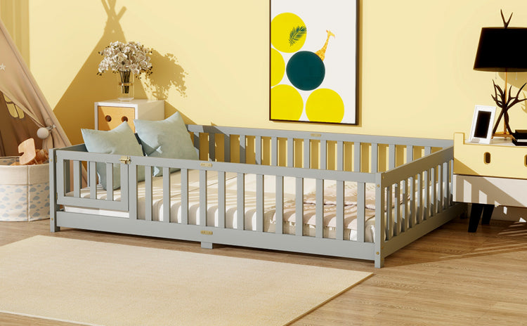 Full Size Floor Bed With Fence And Door,Rubber Wood Floor Bed With Safety Guardrails,Grey