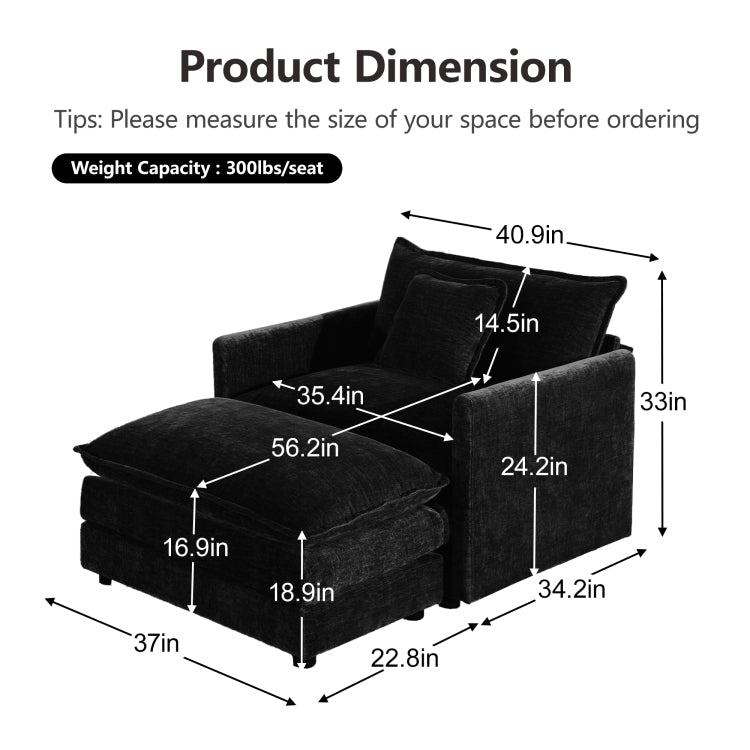 Modern Accent Chair With Ottoman, Living Room Club Chair Chenille Upholstered Armchair , Reading Chair For Bedroom, Black Chenille