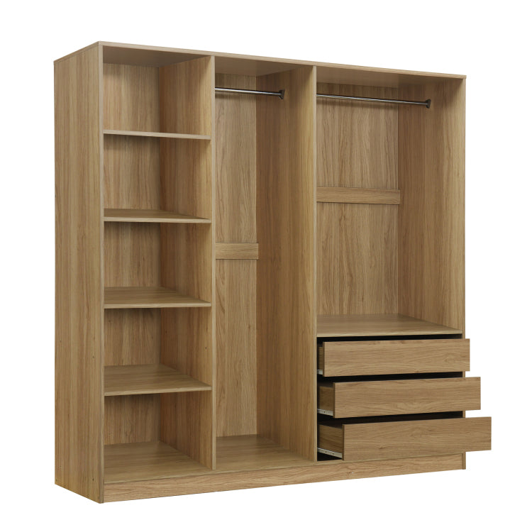 Doorless Wooden Storage Wardrobe For Dedroom With Shelves And 3 Drawers,Nature
