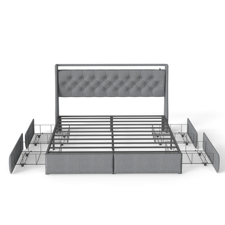 Queen Metal Platform Bed Frame Grey, Storage Headboard With Rgb Led & Charging Station
