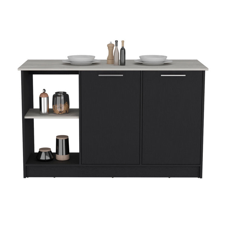 Kitchen Island With Large Countertop, Open Storage Shelves And Double Door Cabinet, Black Onyx