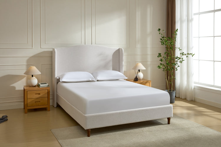 Hannah Upholstered Wingback Bed Size Queen Tall 54" Headboard Upholstered Queen Bed Premium Textured Canvas Chenille Look Ivory Minimalist Designs No Box Spring Needed Easy Assembly Queen