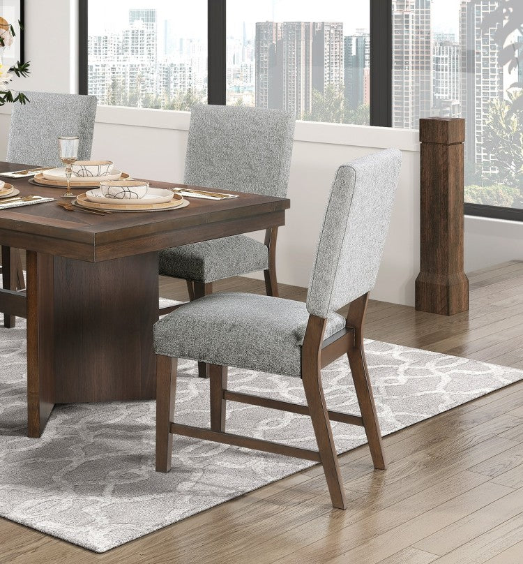 Walnut Finish Wood Side Chairs Set Of 2, Gray Textured Fabric Upholstered Seat And Back Modern Dining Furniture