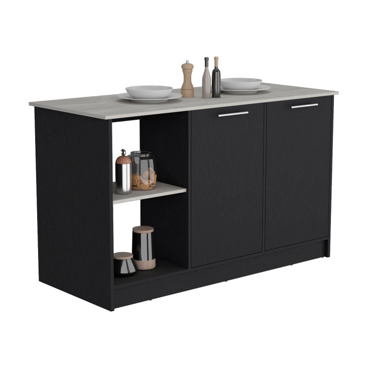 Kitchen Island With Large Countertop, Open Storage Shelves And Double Door Cabinet, Black Onyx