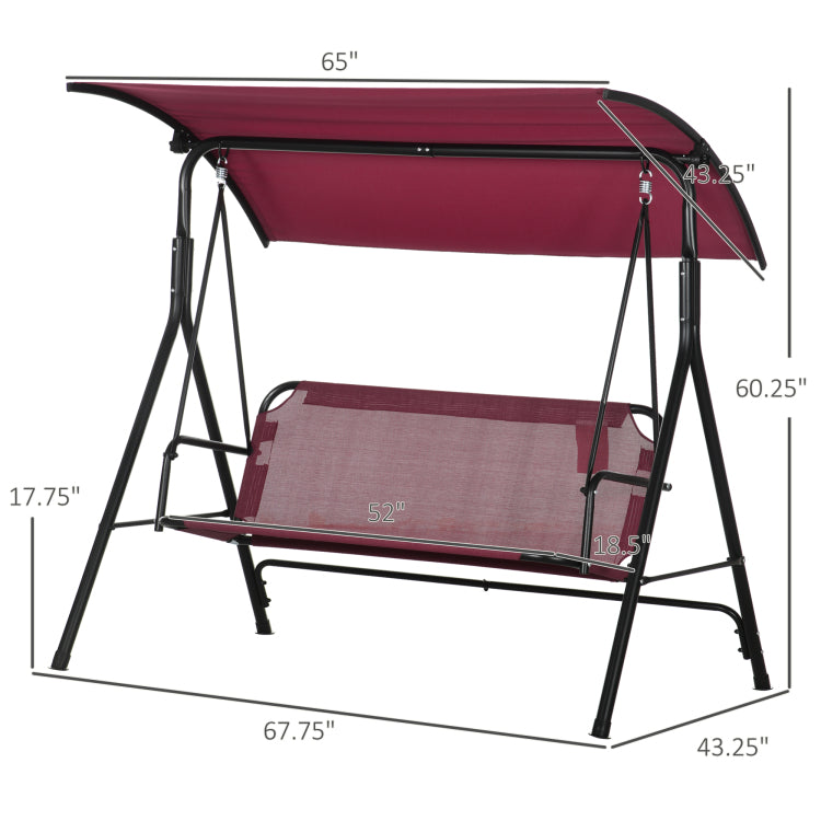 Outsunny 3 Person Porch Swing Bench With Stand & Adjustable Canopy, Armrests, Steel Frame For Outdoor, Garden, Patio, Porch & Poolside, Wine Red