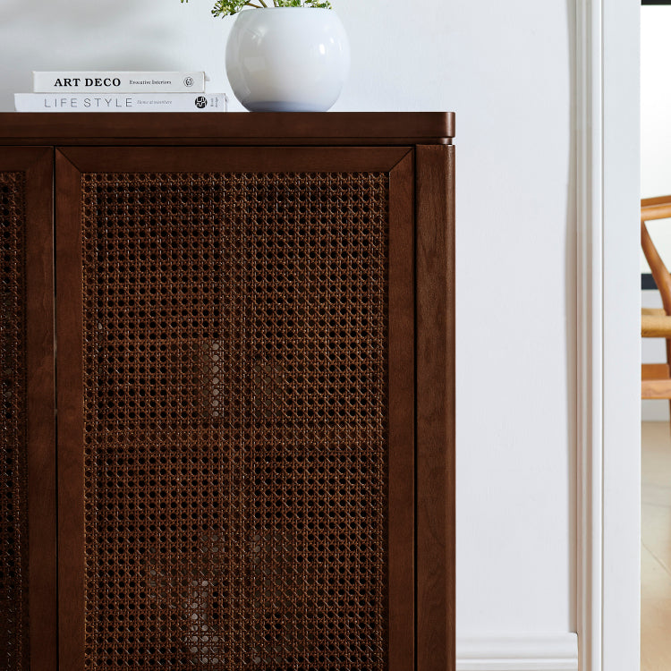 39.4" Mid Century Modern Rattan Sideboard Buffet Cabinet With 2 Outlet Holes, Coffee Bar Wine Bar Credenza, Retro Storage Cabinet For Entryway, Hallway, Living Room, Kitchen, Dining Room, Walnut