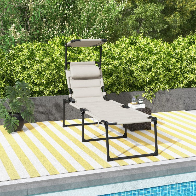 Outsunny Outdoor Lounge Chair, Adjustable Backrest Folding Chaise Lounge, Cushioned Tanning Chair W Sunshade Roof & Pillow Headrest For Beach, Camping, Hiking, Cream White