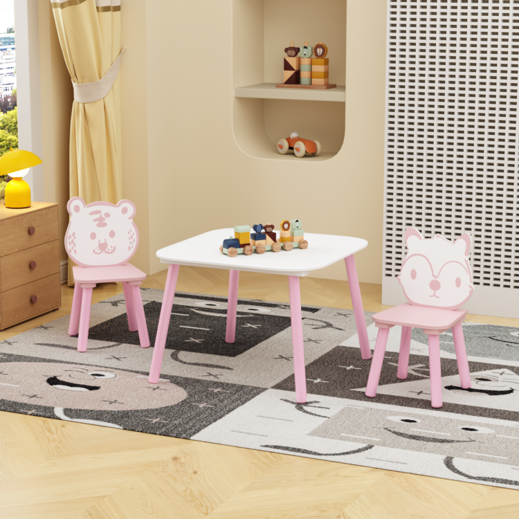 Kids Table And Chair Set, 3 Piece Wooden Toddler Desk With Animal Backrest, Activity Table For Drawing, Learning,Playroom Or Nursery Pink&White