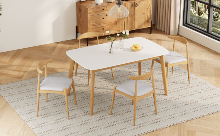 5 Piece Mid Century Modern Dining Set Solid Wood Frame Table 4 Beige Upholstered Chairs, White Oak Beige Same Sku: N759S296907K