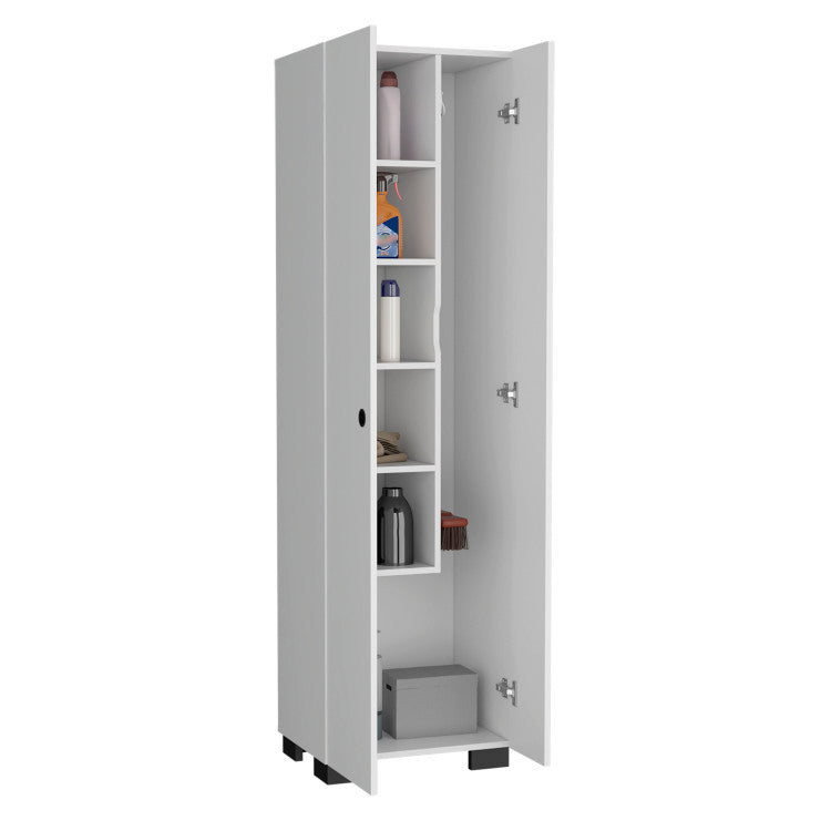 Lake Broom Cabinet Slim Design Storage Solution With Inner Shelves And Side Broom Hangers White