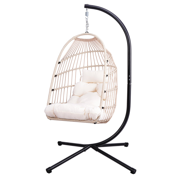 Foldable Hanging Egg Chair With Stand And Pillow, Hdpe Rattan And Heavy Duty Aluminum Steel Frame, Outdoor Patio Wicker Swing Egg Chair With Headrest And Cushioned, Beige