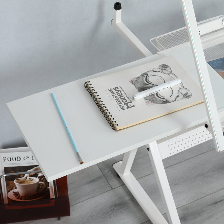 White Adjustable Tempered Glass Drafting Printing Table With Chair