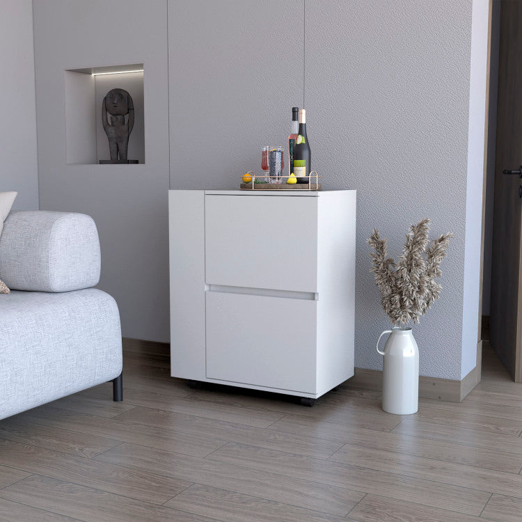 Logan Bar Cart With Two Cabinets And Open Shelves, White