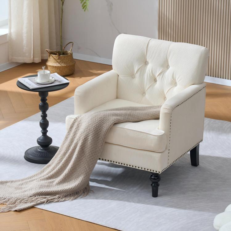 Tufted Club Chair, Accent Chair, Upholstered Button Armchair, Linen Fabric Corduroy Sofa Chairs For Bedroom, Living Room, Mid Century Modern With Studded Reading Chair Beige