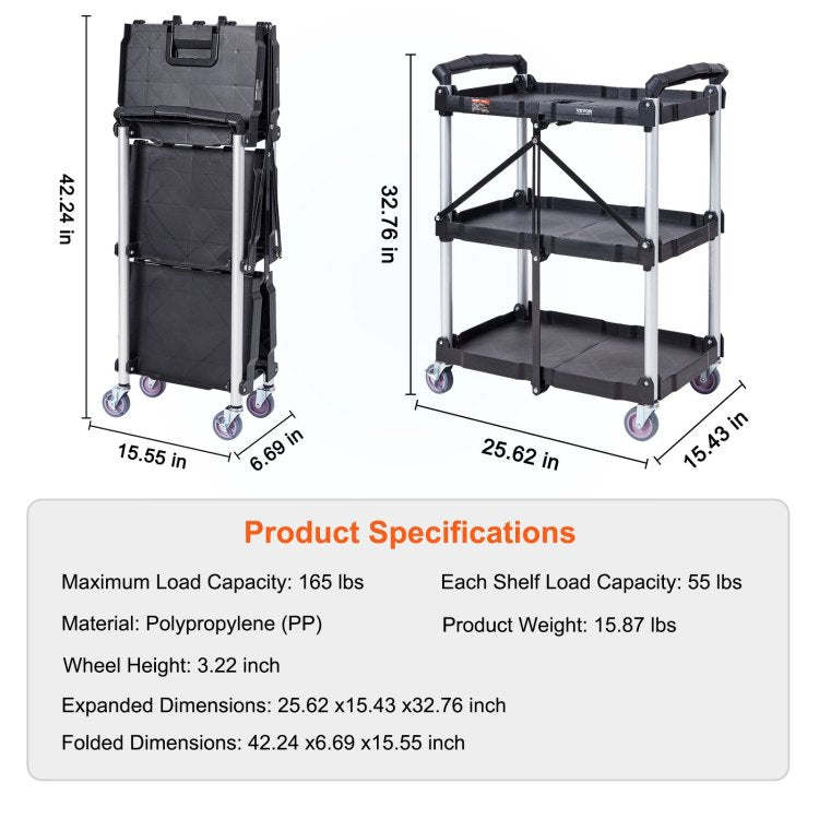 Foldable Utility Service Cart, 3 Shelf 165Lbs Heavy Duty Plastic Rolling Cart With Lockable Wheels, Ergonomic Handle, Portable Garage Tool Cart For Warehouse Office Home 25.62"X15.43"X32.76"