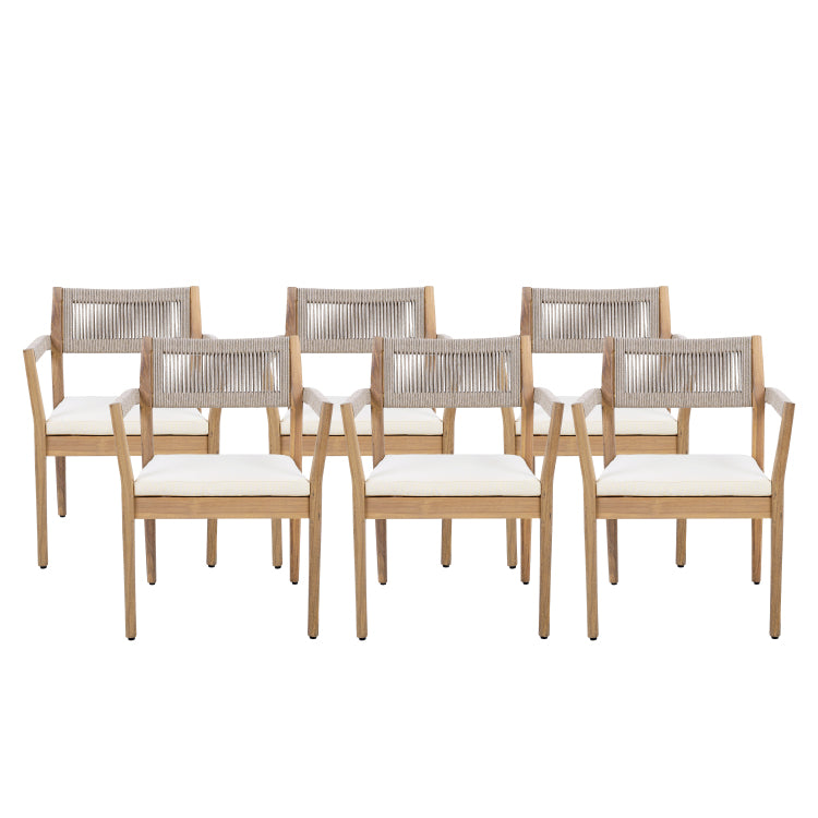 Braided Acacia Wood Outdoor Dining Chairs Set Of 2 Teak Look With Beige Rope & Cream Cushions, Armrests All Weather Patio Furniture For Garden, Poolside, And Backyard Durable & Stylish