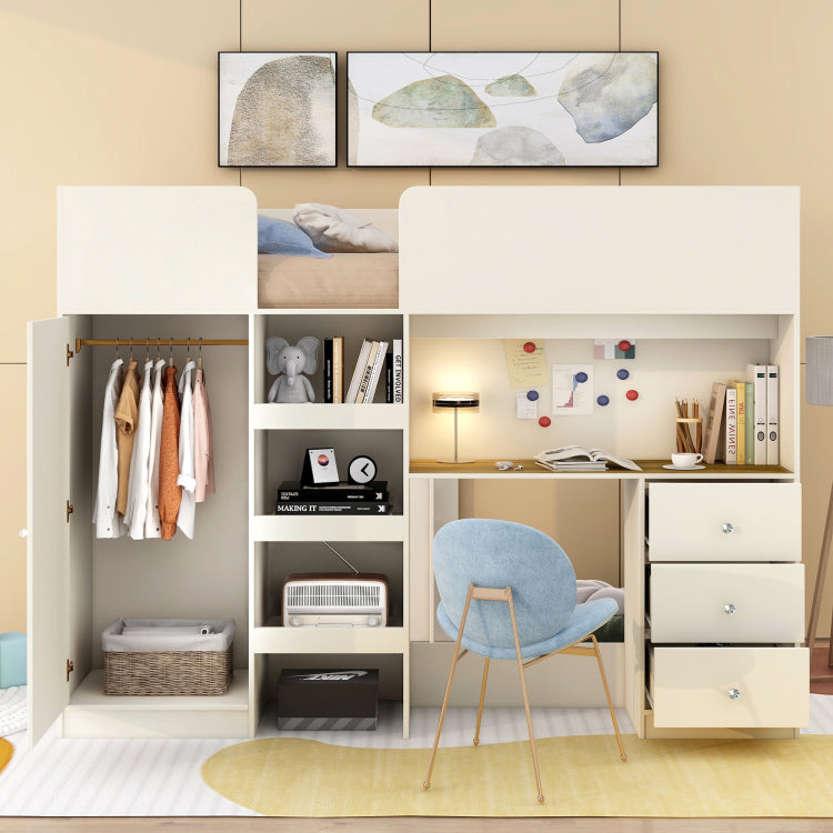 Wood Full Size Loft Bed With Built In Wardrobe, Desk, Storage Shelves And Drawers, Beige