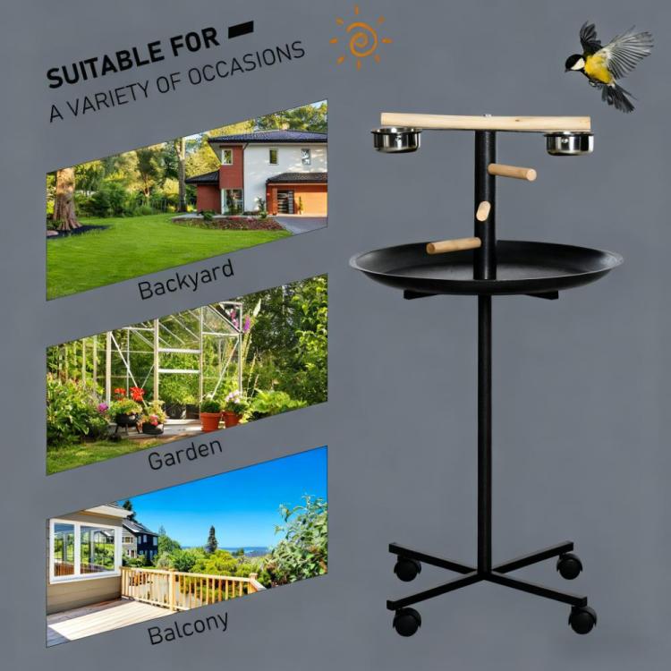 Bird Feeder Station With Wheels,Portable Bird Play Stand,Stainless Steel Feeding Bowls, Tray