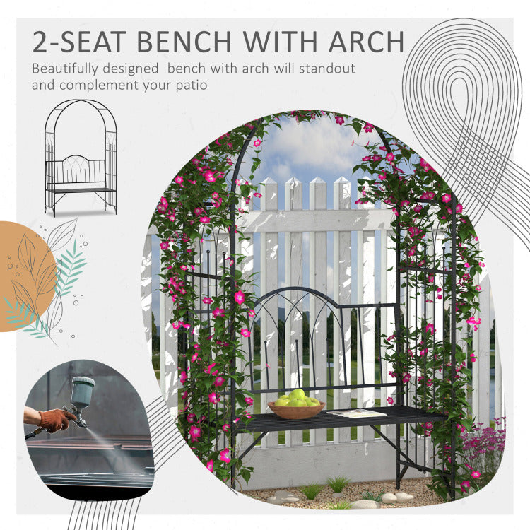 Outsunny Metal Trellis Arbor Arch For Climbing Plants With Garden Bench, Grow Grapes & Vines, Patio Decor & 2 Person Outdoor Interlacing Decorative Seating With Tips, 484 Lbs. Weight Capacity, Black