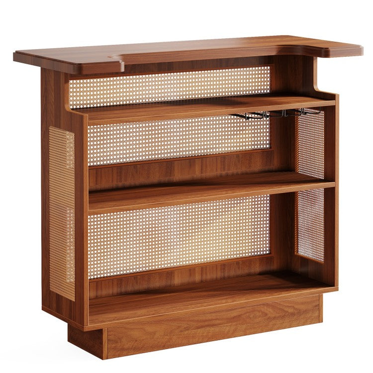 47.24 Inches Farmhouse Caramel Brown Rattan Home Bar Unit, 4 Tier Liquor Cabinet With Stemware Racks For Living Room