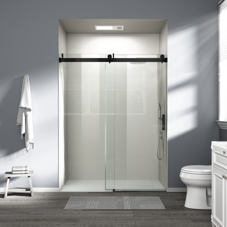 56" 60" W X 76" H Frameless Soft Closing Single Sliding Shower Door, 3 8" 10Mm Tempered Glass With Easy Cleaning Nano Coating, Matte Black 22D01 60Mb
