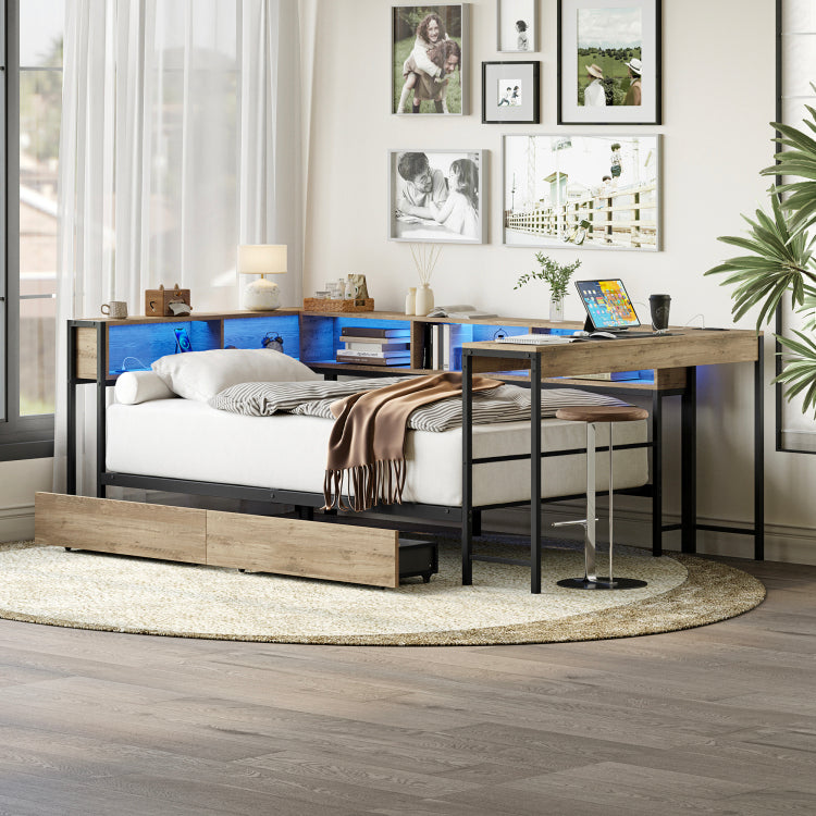 Corner Bed Frame Twin Size With Bookcase And 2 Underbed Storage Drawers, Modern Twin Bed With Led Light And Charging Station, Grey