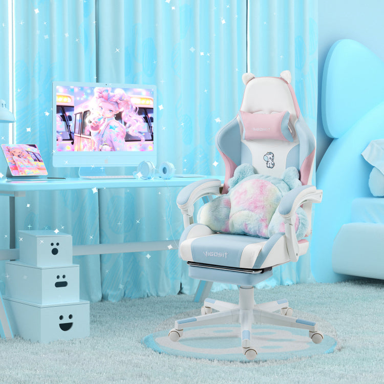Cute Cat Gaming Chair With Paw Lumbar Cushion, Pc Video Gamer Chair For Girl Teen Woman Bp