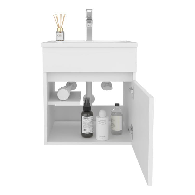 Primavera 18" Wide Floating Bathroom Vanity, With One Cabinet And Two Shelves, White