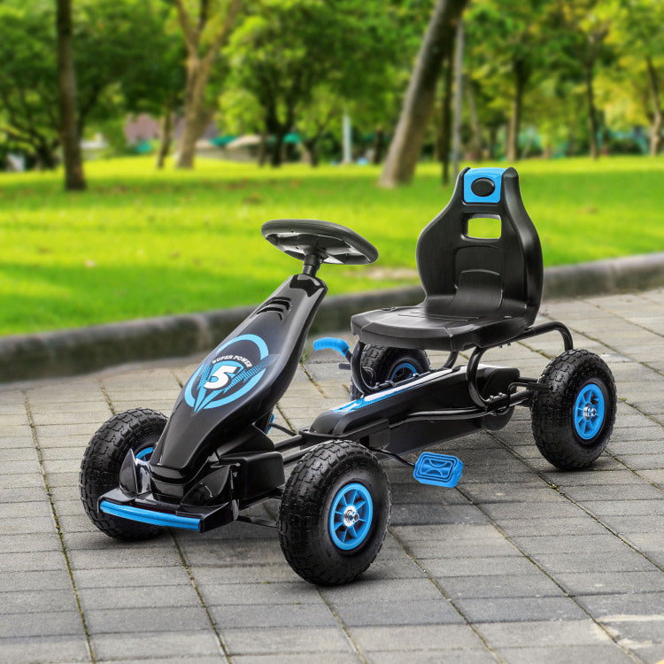 Aosom Kids Pedal Go Kart Ride On Toy With Ergonomic Comfort, Pedal Car With Tough, Wear Resistant Tread, Go Cart Kids Car For Boys & Girls With Suspension System, Safety Hand Brake, Ages 5 12, Blue