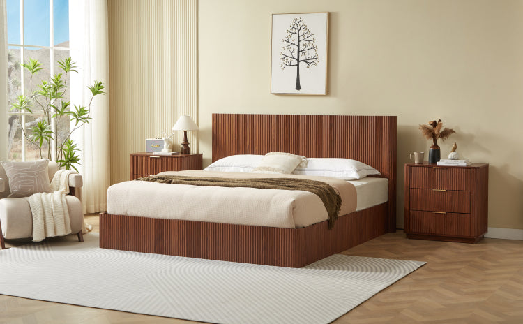 King Size Lift Up Storage Bed Frame, Wooden Corrugated Curved Lines, Hydraulic Storage No Box Spring Needed, Walnut