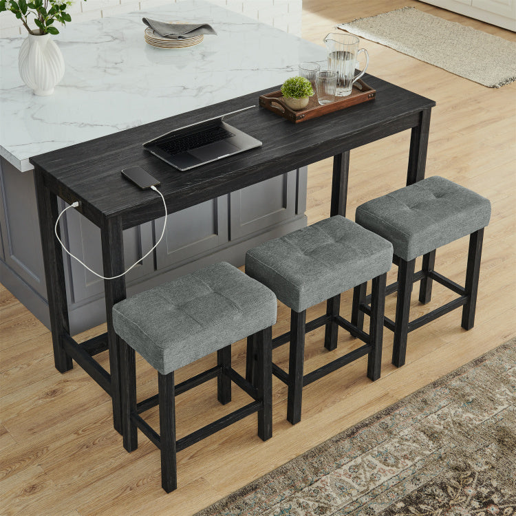59 Inch Bar Table, Dining Table, Sofa Table With Power Outlet, 3 Upholstered Stools, 4 Piece Bar Table And Chair Set For Living Room, Dining Room, Kitchen