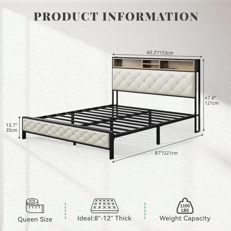 Queen Size Bed Frame, Platform Bed Frame With Charging Station, Upholstered Storage Headboard & Footboard Metal Slats Supports Mattress Foundation, No Box Spring Needed, Beige No Drawers