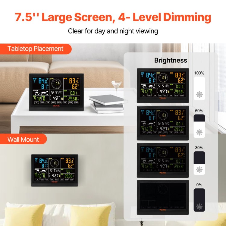 7 In 1 Wi Fi Weather Station, 7.5 In Color Display, Home Weather Station Indoor Outdoor, With Solar Wireless Outdoor Sensor Alarm Alerts, For Temperature Humidity Wind Speed Direction Rain