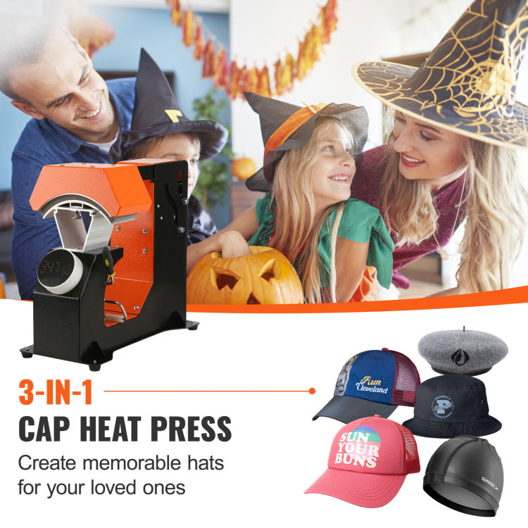 3 In 1 Auto Hat Heat Press With 3Pcs Interchangeable Platens 6.6" X 2.7", 6.6" X 3.8", 6.1" X 3" , Automatic Release&Press Knob Style Digital Control Panel, Heat Transfer Printing For Caps
