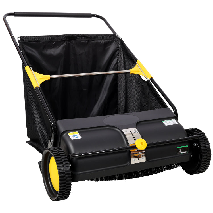 Hand Push Lawn Sweeper, 26 Inch Leaf & Grass Collector 7 Cu. Ft Hopper Bag Capacity. With Adjustable Brush Height