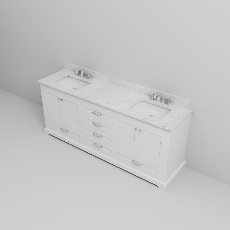 White Double Bath Vanity 80 In. W X 22 In. D, Carrara Marble Top, And Faucet Set
