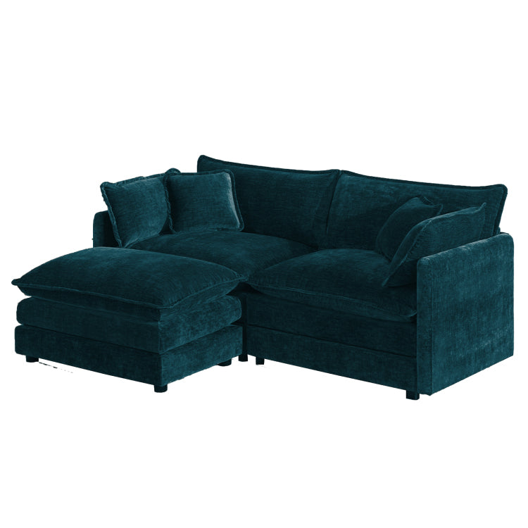 Chenille Two Seater Sofa With 1 Footrest, 2 Seater L Shaped Sectional With Ottoman,Loveseat With Ottoman For Small Living Space,Blue Chenille