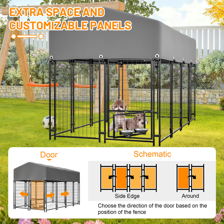 Dog Kennel Outdoor With Roof, 4.23'X7.81'X4.83' Welded Wire Enclosure, Heavy Duty Dog Crate With Uv Resistant Waterproof Cover, Double Lock & Rotating Feeder For Medium Large Dogs